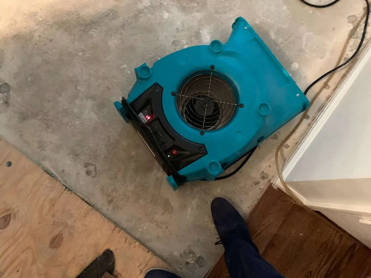 Air mover drying subfloor during Leak Detection & Repair in Hazel Park